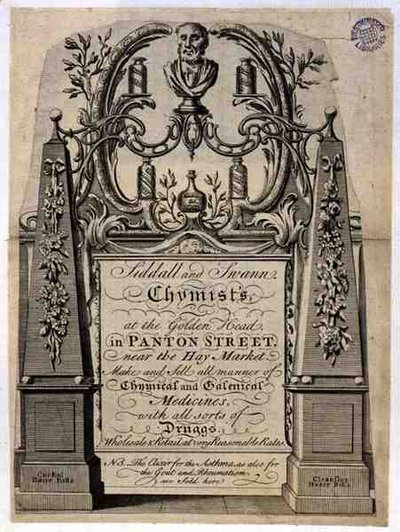 Handelskarte für Siddall und Swann, Chemiker, am Goldenen Kopf, Panton Street, London von English School