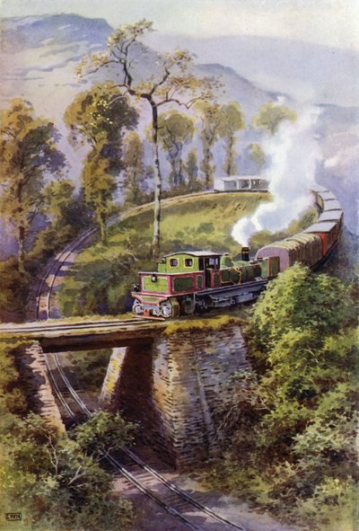 Zug um Agony Point, eine Schleife auf der Darjeeling Himalayan Railway, Indien von English School
