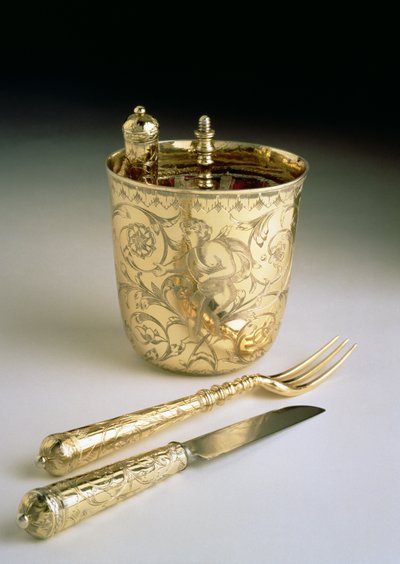 Reiseset mit Messer, Gabel, Löffel und Becher, um 1690 (Silber) von English School