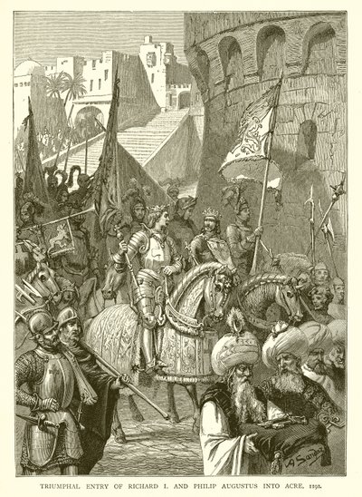 Triumphaler Einzug von Richard I. und Philipp August in Akkon, 1191 von English School