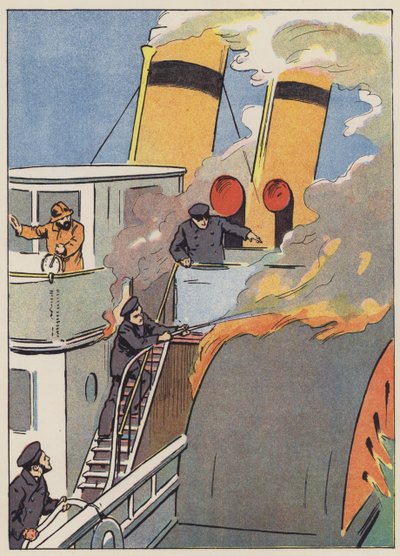 Versuch, das brennende Schiff zu retten (Farblithografie) von English School