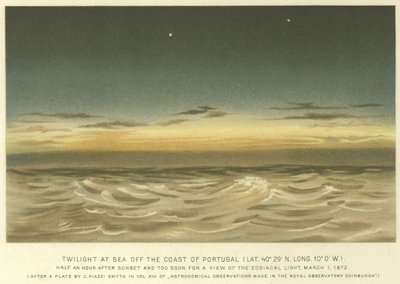 Dämmerung auf See vor der Küste Portugals, Breite 40° 29