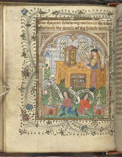 Zwei Männer, die Öfen betreuen, und ein gelehrter Mann, vielleicht Norton, mit Alchemie-Geräten, aus 