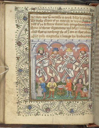 Zwei Männer mit Mörser und Stößel, ein Mann, der eine goldene Urne neben einem Feuer hält, und ein Mann, der einen Topf rührt, aus 