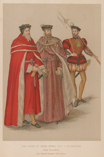 Zwei Adlige in ihren Roben und ein Hellebardier in der elisabethanischen Ära von English School