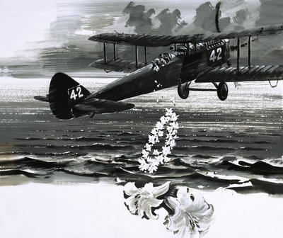 Unidentifiziertes Doppeldeckerflugzeug, das einen Kranz abwirft von English School