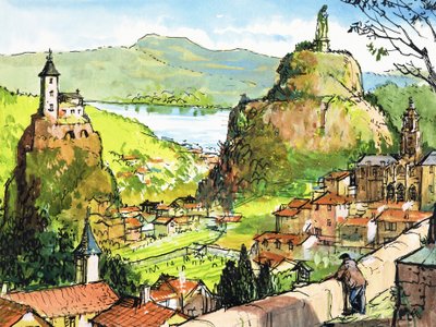 Unidentifizierte Landschaftsszene mit Kirche auf Felsen gegenüber einer Statue auf einem Hügel von English School