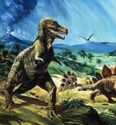 Unidentifizierte Dinosaurierszene mit T-Rex und Stegosaurus von English School