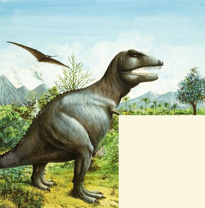Unidentifizierte Dinosaurierszene mit T-Rex und Pterodaktylus von English School