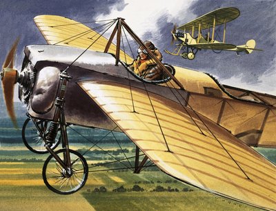 Unidentifiziertes frühes Flugzeug mit Doppeldecker im Hintergrund von English School