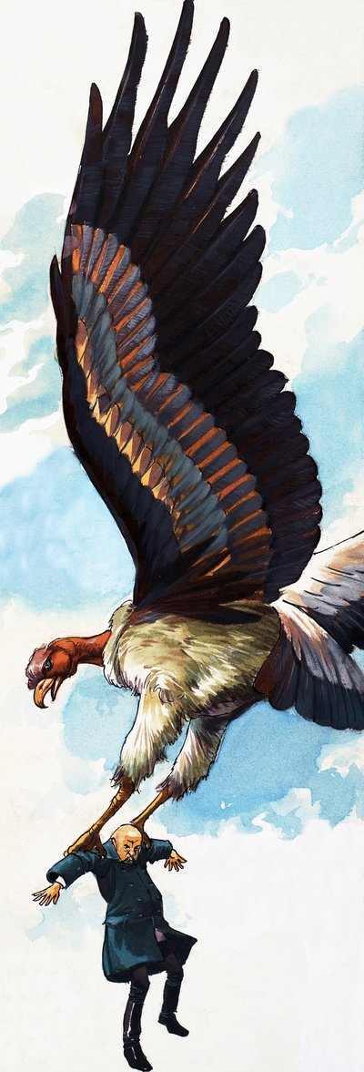Unidentifizierte Volksmärchen-Illustration eines Mannes, der von einem riesigen Vogel getragen wird von English School
