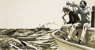 Unidentifizierte Jazzspieler auf einem Boot von English School