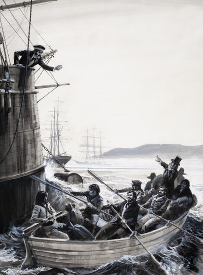 Unidentifizierte Matrosen (Meuterer) im Ruderboot mit Kapitän, der die Faust schüttelt von English School