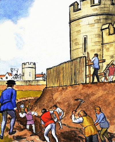 Unidentifizierte Szene von Männern, die einen Graben um eine Burg graben von English School