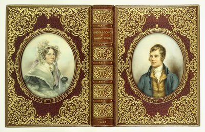 Obere und untere Einbände und Rücken mit ovalen Porträts von Robert Burns und Jessie Lewars von English School