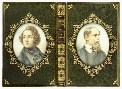 Obere und untere Einbände, mit zwei ovalen Porträts von Charles Dickens von English School