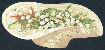 Umgedrehter Hut voller Blumen, Neujahrskarte von English School
