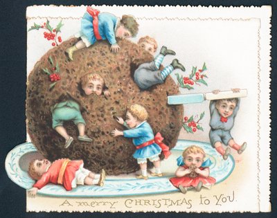 Gassenjungen spielen mit Pflaumenpudding, Weihnachtskarte von English School