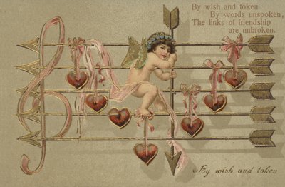 Valentinskarte mit Amor, Pfeil und Notenblatt von English School