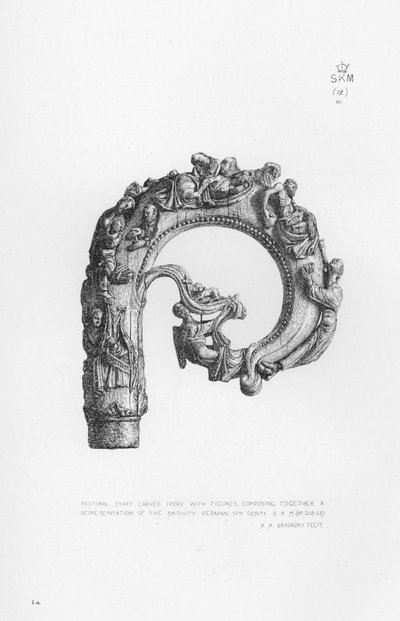 Victoria und Albert Museum: Hirtenstab, geschnitztes Elfenbein, mit Figuren, die zusammen eine Darstellung der Geburt Christi bilden, Deutsch von English School