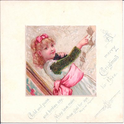 Viktorianische Weihnachtskarte eines jungen Mädchens, das eine Katze hält und auf etwas zeigt, um 1880 (Farblitho) von English School