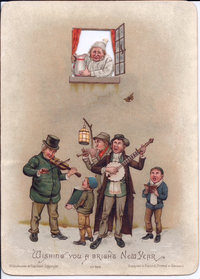 Viktorianische Neujahrskarte mit einem Mann im Nachthemd, der sich darauf vorbereitet, einen Krug Wasser auf Straßenmusiker zu gießen, ca. 1880 von English School
