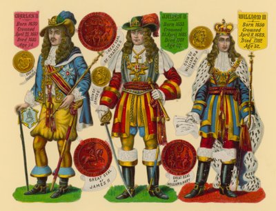 Viktorianischer Ausschnitt: König Karl II., König Jakob II., König Wilhelm III. von English School