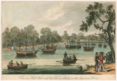 Ansicht im Hyde Park mit der Flotte auf dem Serpentine River. Naumachia. Frieden von 1814 von English School