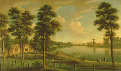 Blick auf das Chelsea-Reservoir und die Wasserwerke, mit der Westminster Abbey im Hintergrund, ca. 1725 von English School
