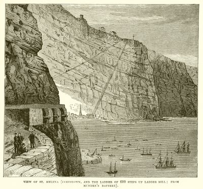 Blick auf St. Helena (Jamestown und die Leiter mit 600 Stufen auf den Ladder Hill; von der Mundens Battery) von English School