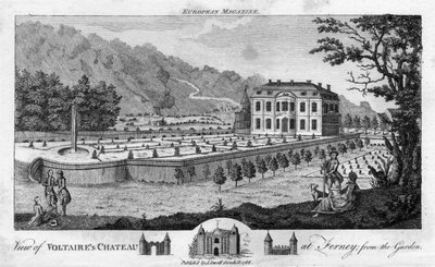 Ansicht von Voltaires Schloss in Ferney, vom Garten aus, veröffentlicht 1786 von English School