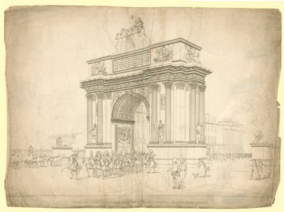 Ansicht eines Triumphbogens, der am Hyde Park Corner errichtet werden soll von English School