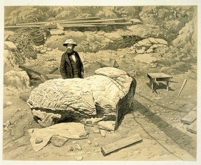 Ansicht eines kolossalen Löwen auf der Seite, mit Newton dahinter, aus A History of Discoveries at Helicarnassus, Cnidus, & Branchidae, von Charles Thomas Newton, veröffentlicht 1862 von English School