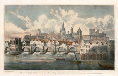 Ansicht der Ostseite der alten London Bridge aus den BM Royal MSS von English School