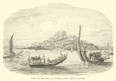 Blick auf die Insel Tahiti, mit einheimischen Kanus von English School