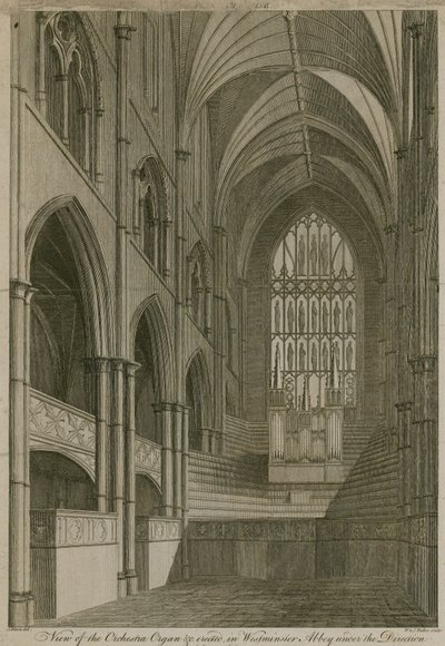 Ansicht der Orgel des Orchesters usw. errichtet in der Westminster Abbey, London von English School