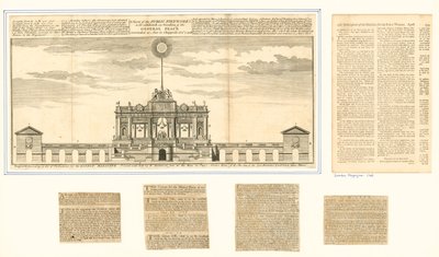 Ansicht des öffentlichen Feuerwerks für den Frieden von Aachen 1749 von English School