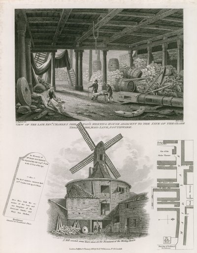 Ansicht des späten Reverend Charles Skeltons Versammlungshaus neben dem Standort des Globe Theatre von English School