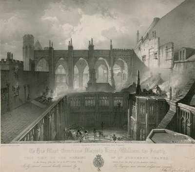 Ansicht der Überreste der St Stephens Kapelle am Morgen nach dem Feuer von English School
