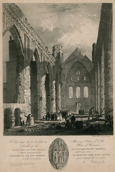 Ansicht der Ruinen der St Stephens Kapelle nach ihrer Zerstörung durch Feuer von English School