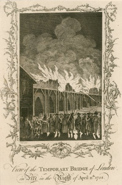 Ansicht der provisorischen Brücke von London, die in der Nacht des 11. April 1758 brannte von English School