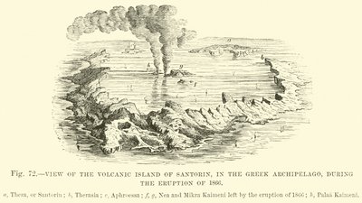 Ansicht der Vulkaninsel Santorin, im Griechischen Archipel, während des Ausbruchs von 1866 von English School