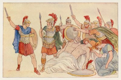 Vergils Aeneis: Turnus über den Leichen von Almo und Galaesus (Farblithografie) von English School