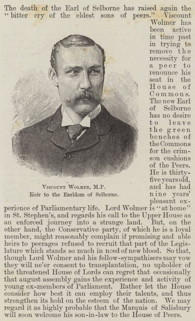 Viscount Wolmer, MP, Erbe des Earldoms von Selborne von English School