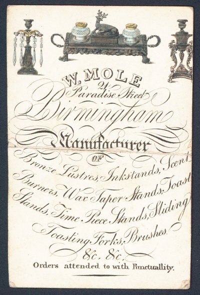 W Mole, Hersteller von Metallwaren, Visitenkarte von English School