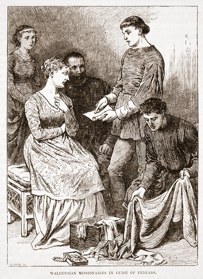 Waldenser Missionare in der Verkleidung von Hausierern, Illustration aus Die Geschichte des Protestantismus von James Aitken Wylie, veröffentlicht 1878 von English School