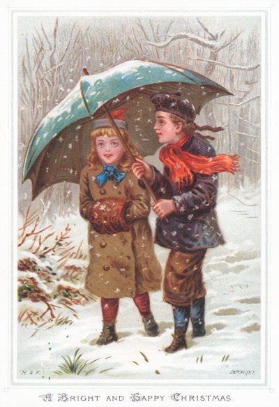 Unter einem Regenschirm im Schneesturm, Weihnachtskarte von English School