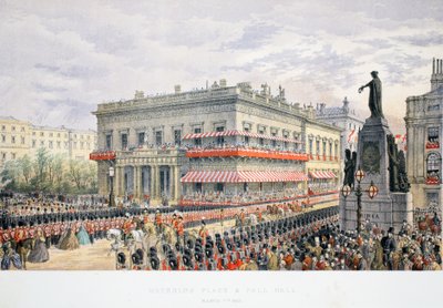 Waterloo Place und Pall Mall, aus Ein Gedenkbuch zur Hochzeit von Edward VII. und Alexandra von Dänemark, veröffentlicht 1864 von English School