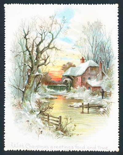 Wassermühle am Fluss, Weihnachtskarte von English School