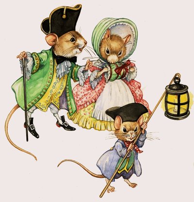 Gut gekleidete viktorianische Mäuse beim Spaziergang von English School